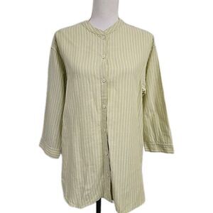 Uniqlo Button Front Linen Blend Shirt Blouse Striped Green Women’s Size XL